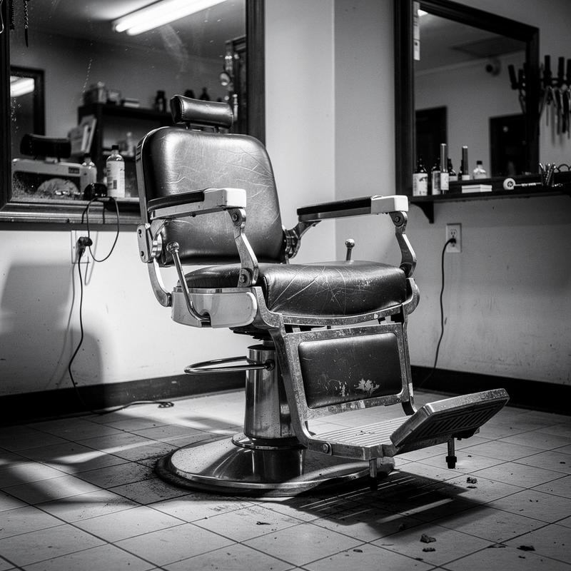 Chrome barber chair and mirror corner under overhead light