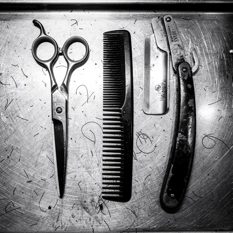 Scissors, comb and razor laid out on a steel station