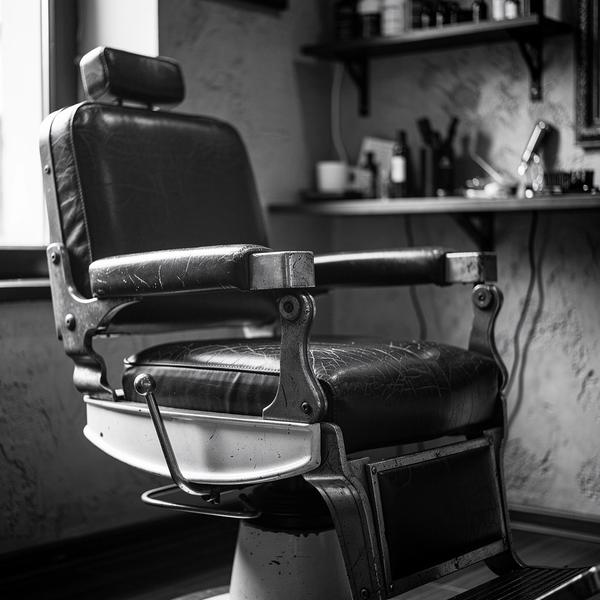 Vintage barber chair inside the Podil studio, tightly cropped